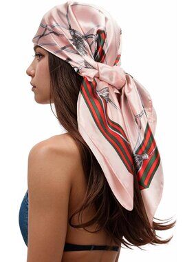 Women's Pink Printed Square Scarf Bandanas Hair Scarf 35 Inches